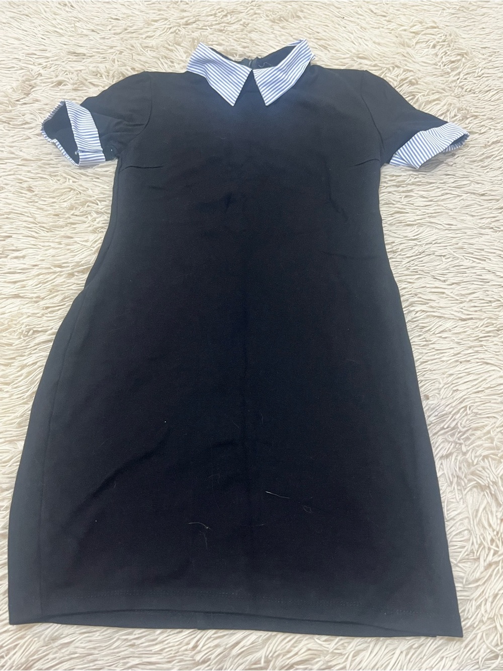 Mind Code Black Shift Dress with Striped Collar and Cuffs